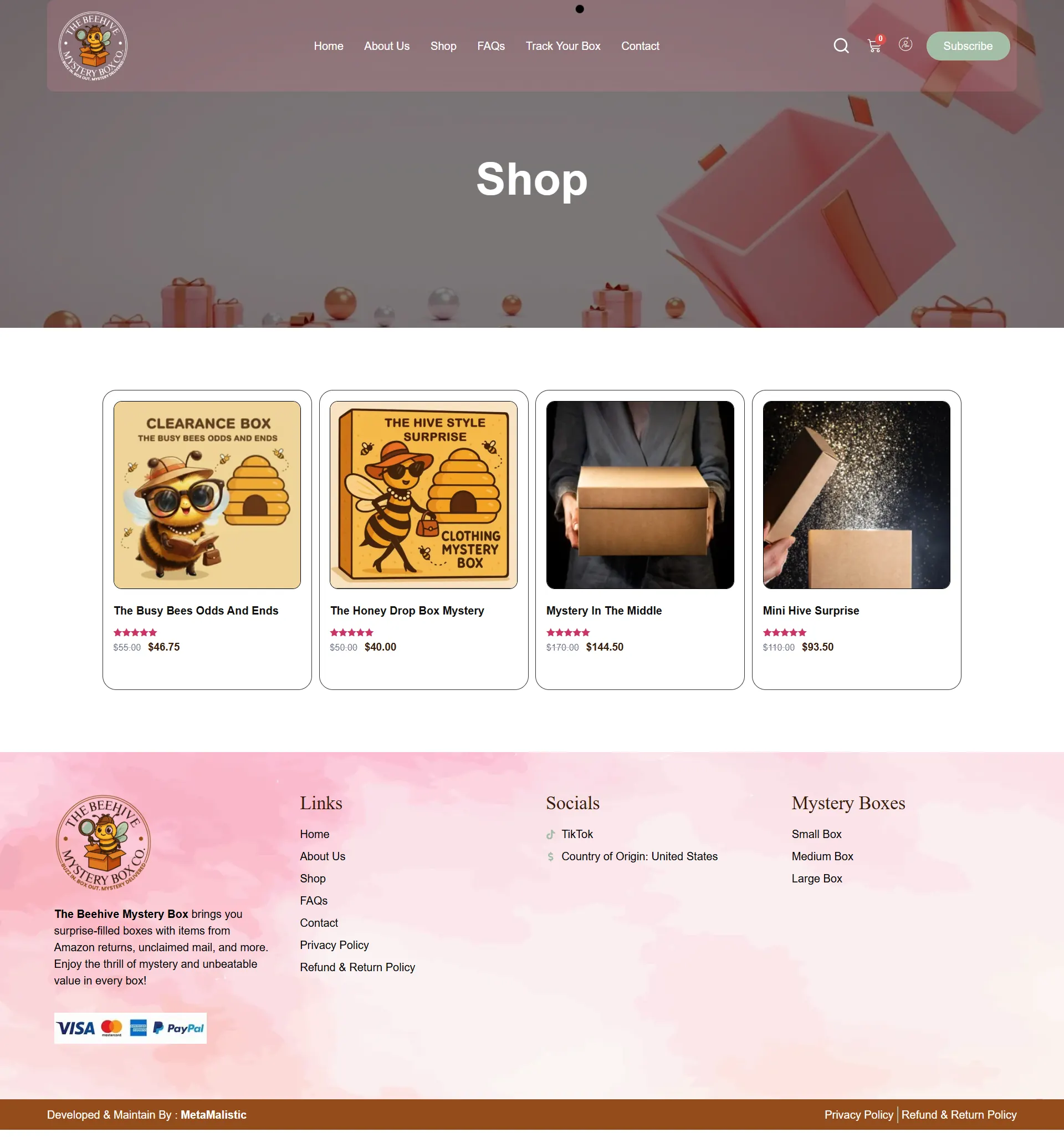 The Beehive Mystery Box Mystery Box Retail WooCommerce Website Product Setup Checkout Flow Tracking Page Maintenance by MetaMalistic